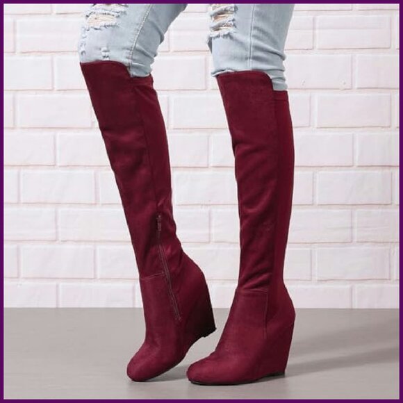 Women's Suede Wedge Heel Over the Knee Boots Stretch Fit Fashion Tall Boots - Picture 7 of 8